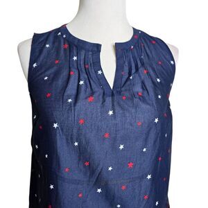 Talbots Sleeveless Blouse Navy Blue Red White Star Print Cotton Pleated Top XS